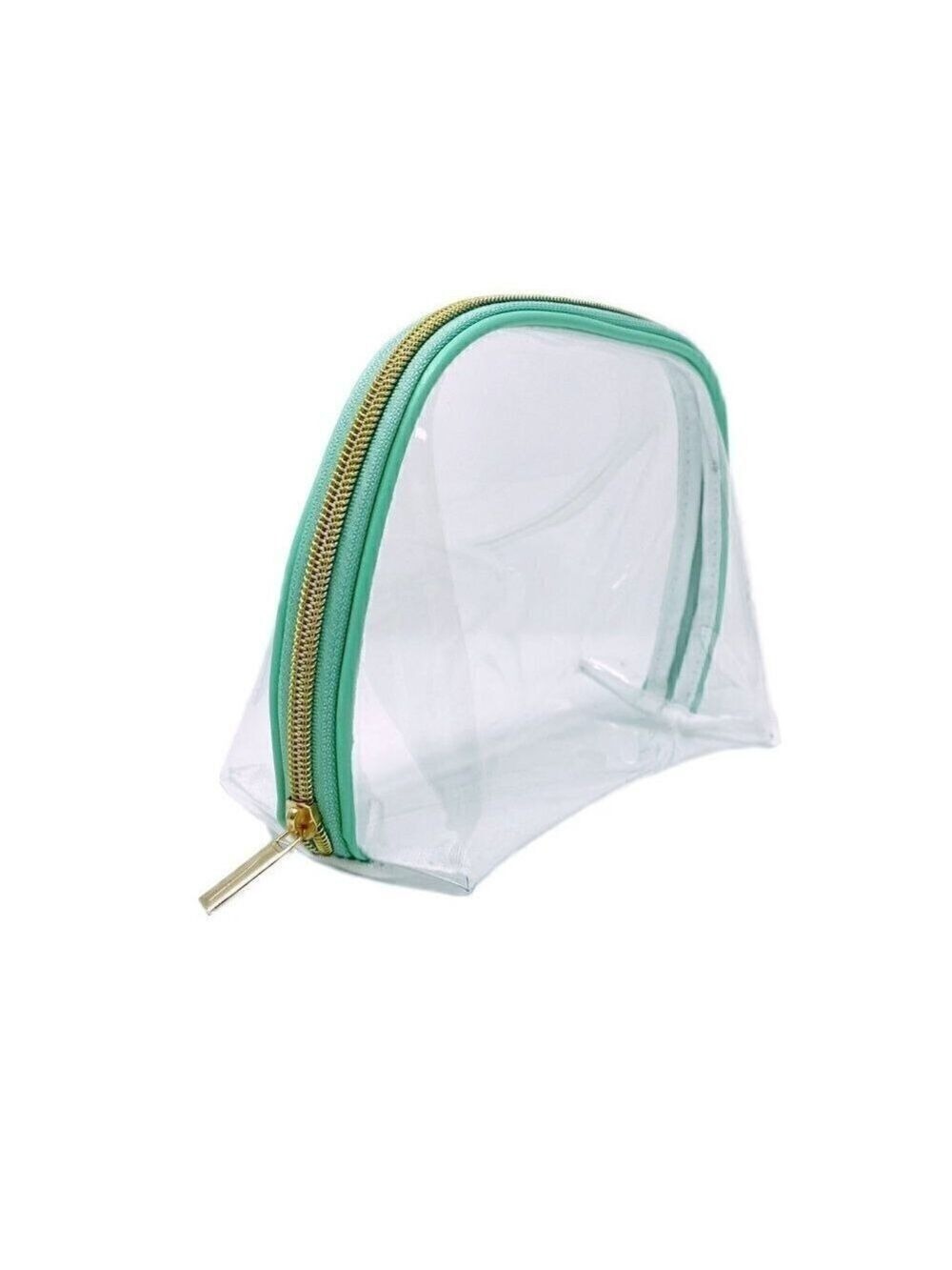 Transparent cosmetic bag with green trim and gold  zipper